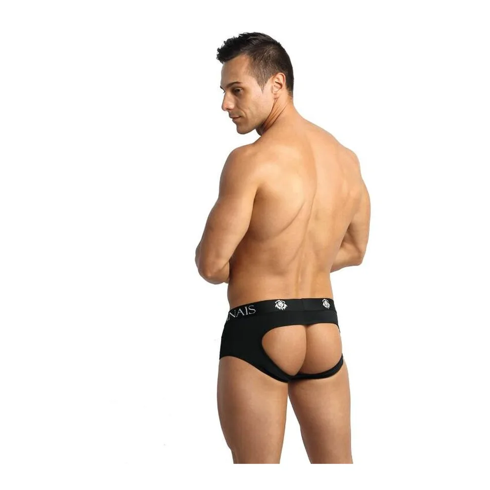 Homme portant un bikini jock noir en microfibre extensible, avec taille marquée du logo ANAS, sur fond blanc