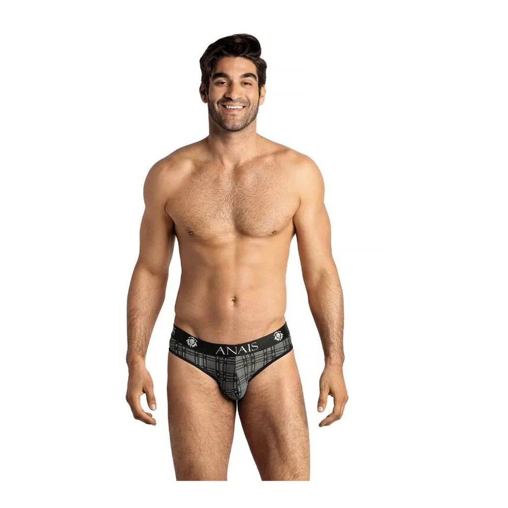 Slip de bain gris à motif carreaux porté, vue de dos, avec bande de taille noire contrastée ornée d'un logo, sur fond blanc
