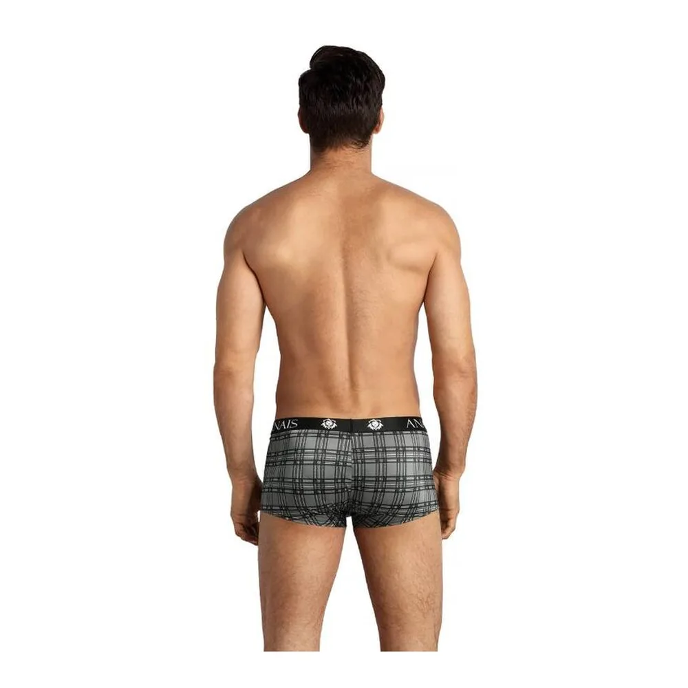 Boxer homme en microfibre extensible à carreaux gris et noir, taille basse avec bande élastique noire, vue de dos