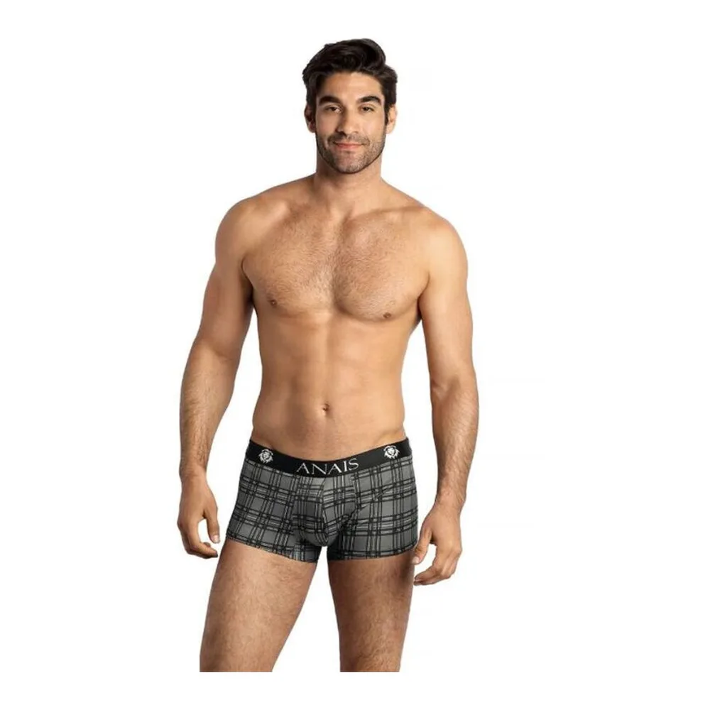 Boxer homme en microfibre extensible à carreaux gris et noir, taille basse avec bande élastique noire, vue de dos