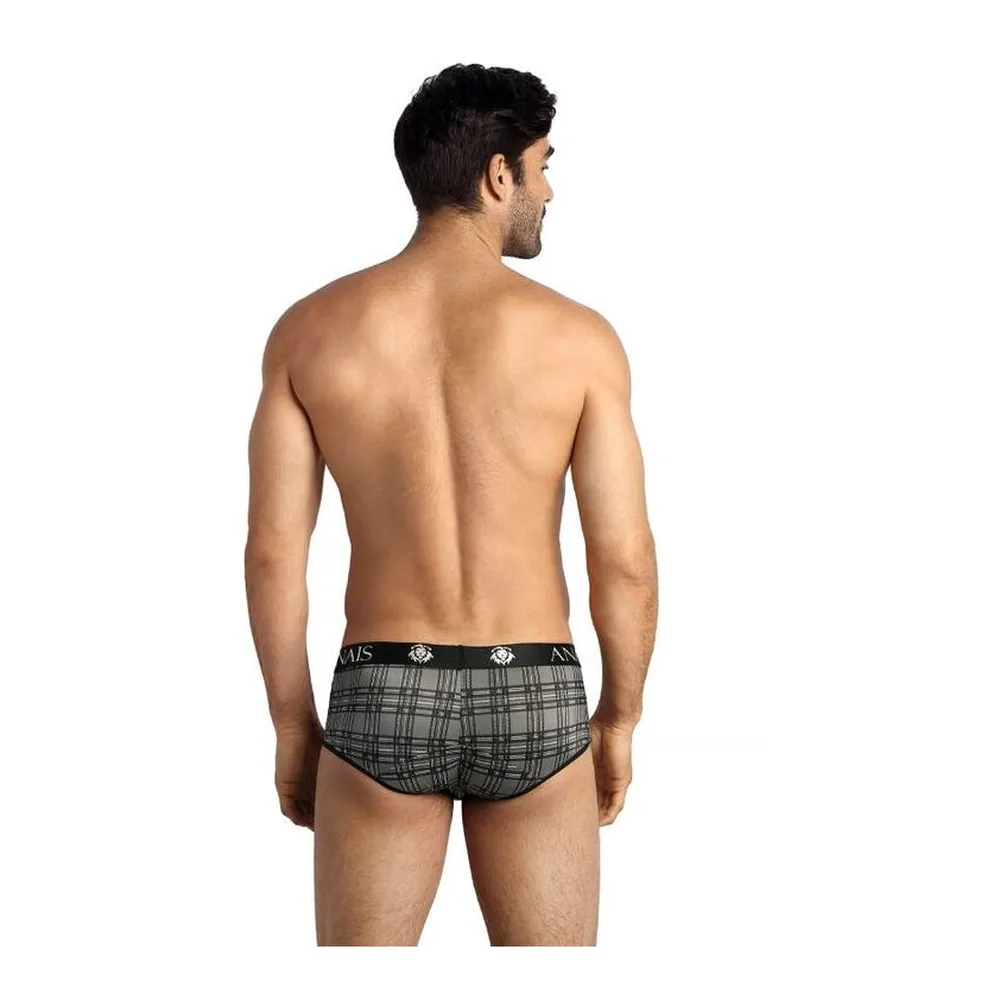 Culotte Balance en microfibre grise à carreaux, taille courte, vue de dos sur modèle masculin, ceinture elastiquée noire avec logo