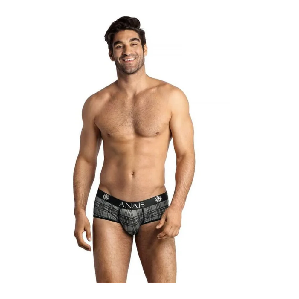 Culotte Balance en microfibre grise à carreaux, taille courte, vue de dos sur modèle masculin, ceinture elastiquée noire avec logo