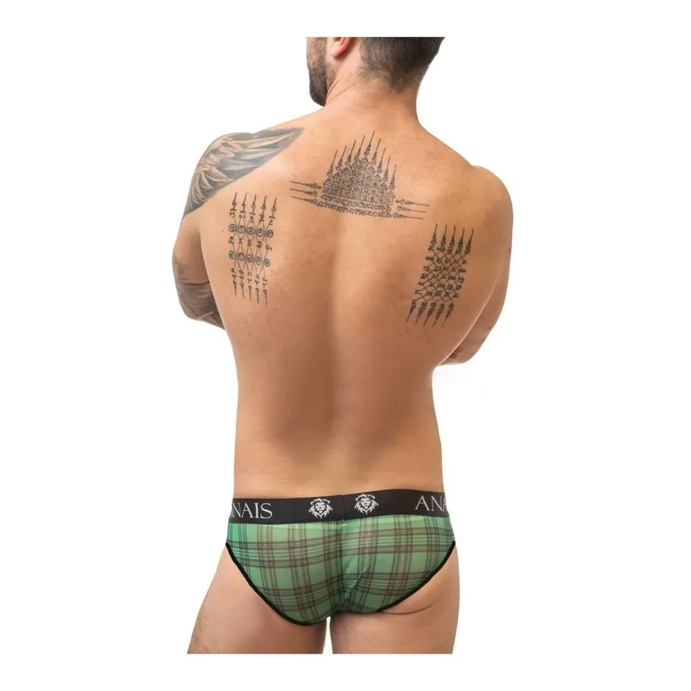 Slip Magic à carreaux tartan vert et blanc, vue de dos sur mannequin, ceinture noire avec motif logo