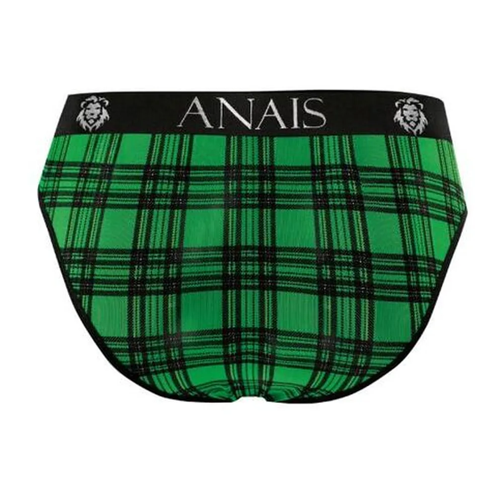 Slip Magic à carreaux tartan vert et blanc, vue de dos sur mannequin, ceinture noire avec motif logo