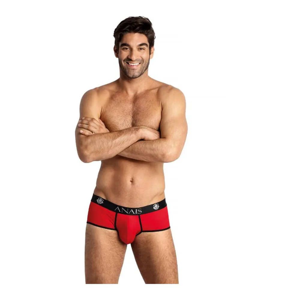Slip rouge en microfibre extensible avec bande noire contrastée et logo ANAIS, porté de face sur fond blanc