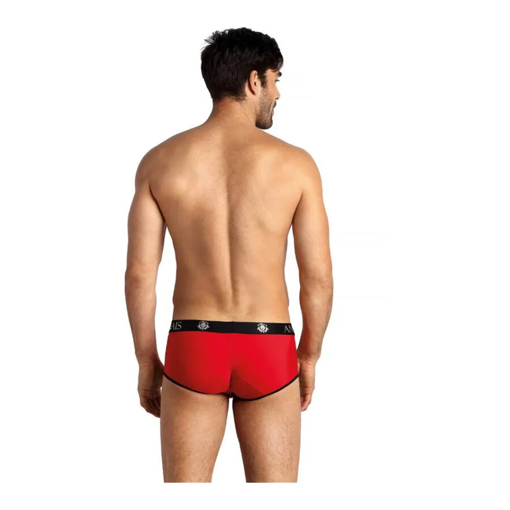Slip rouge en microfibre extensible avec bande noire contrastée et logo ANAIS, porté de face sur fond blanc