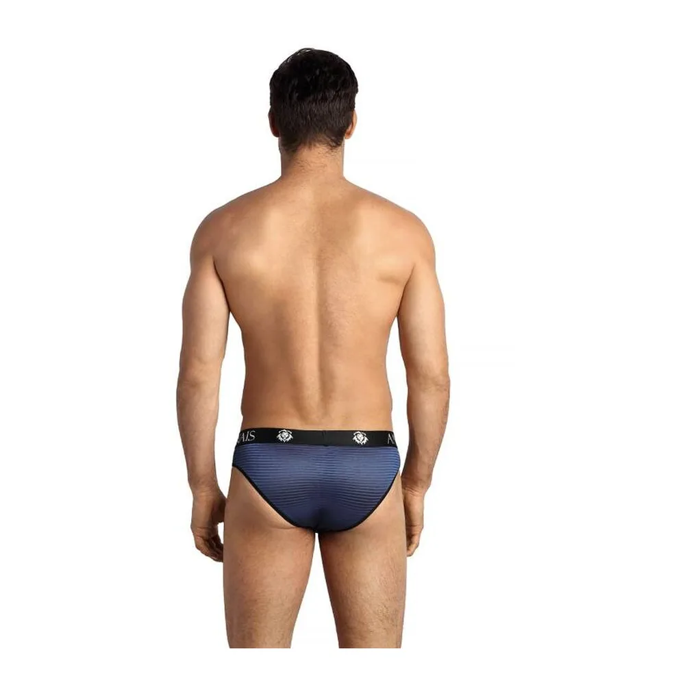 Slip bleu marine à rayures fines, taille basse avec bande de maintien noire, vue de dos sur fond blanc