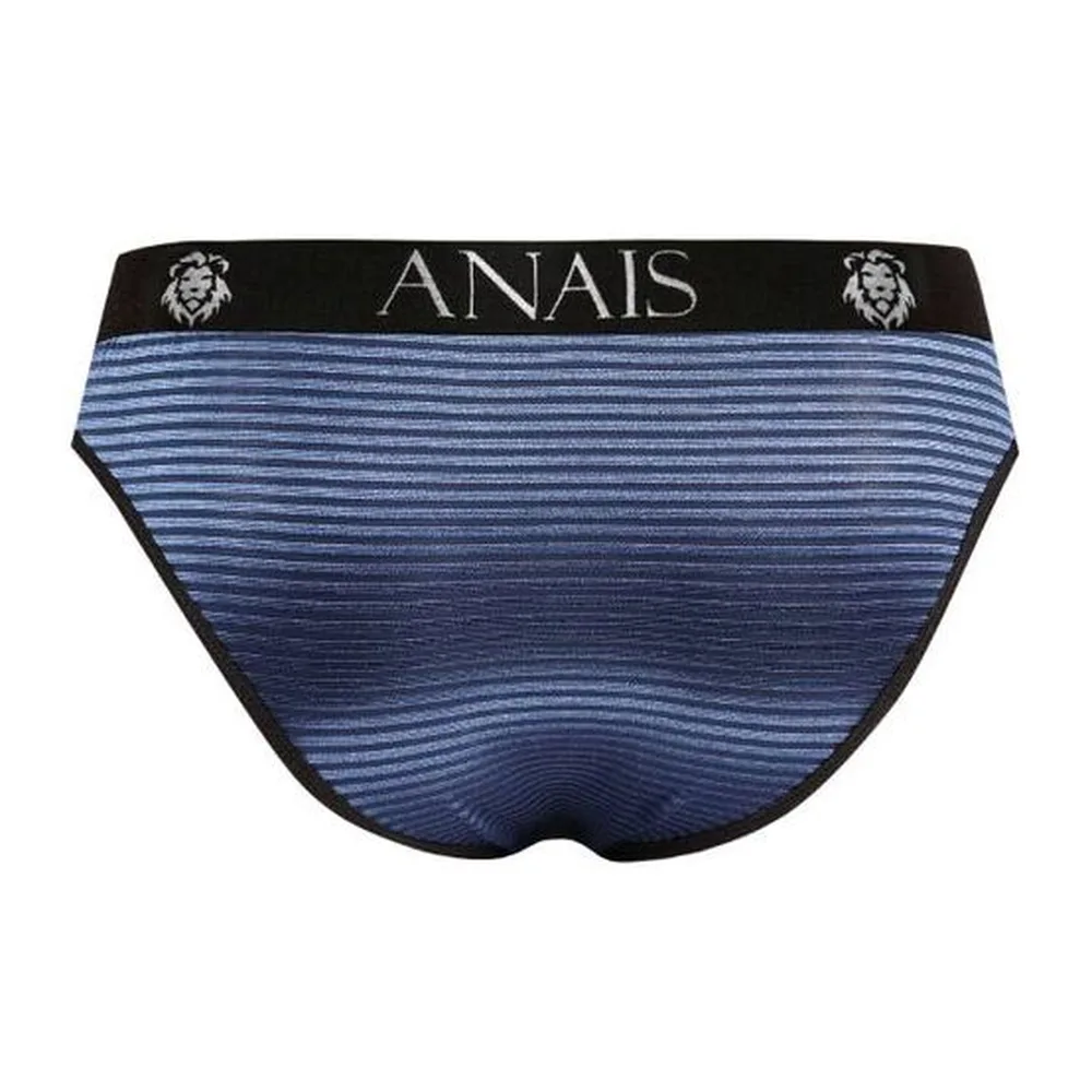 Slip bleu marine à rayures fines, taille basse avec bande de maintien noire, vue de dos sur fond blanc