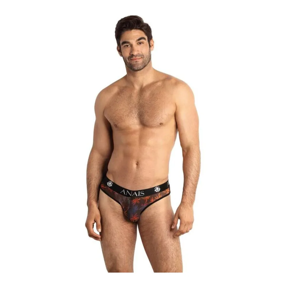 Slip homme en tulle imprimé bordeaux avec bande élastique noire ANAIS, porté de face sur fond blanc