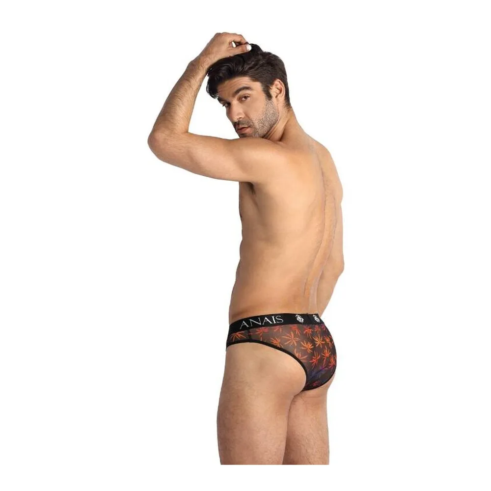 Slip homme en tulle imprimé bordeaux avec bande élastique noire ANAIS, porté de face sur fond blanc
