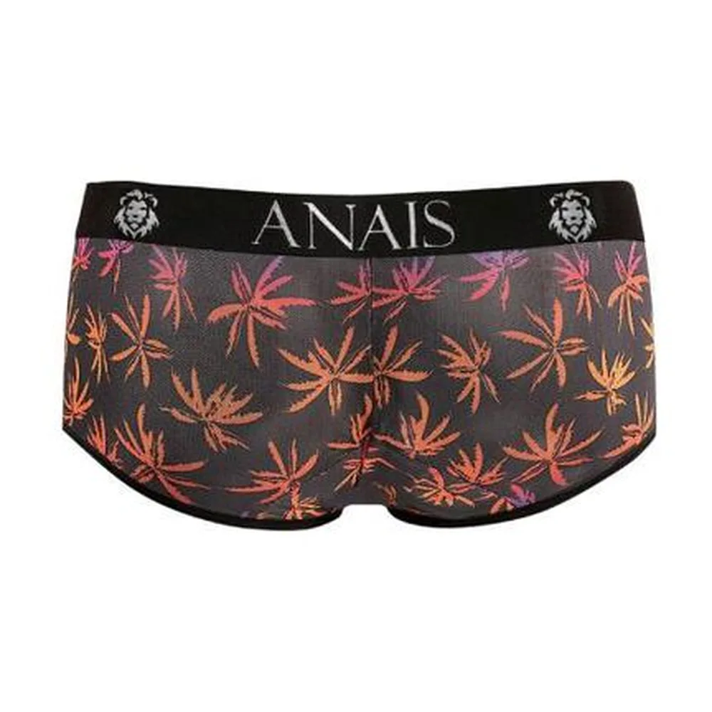 Boxer court en tulle noir à motifs de palmiers rouges et orangés, porté par un homme de profil sur fond blanc