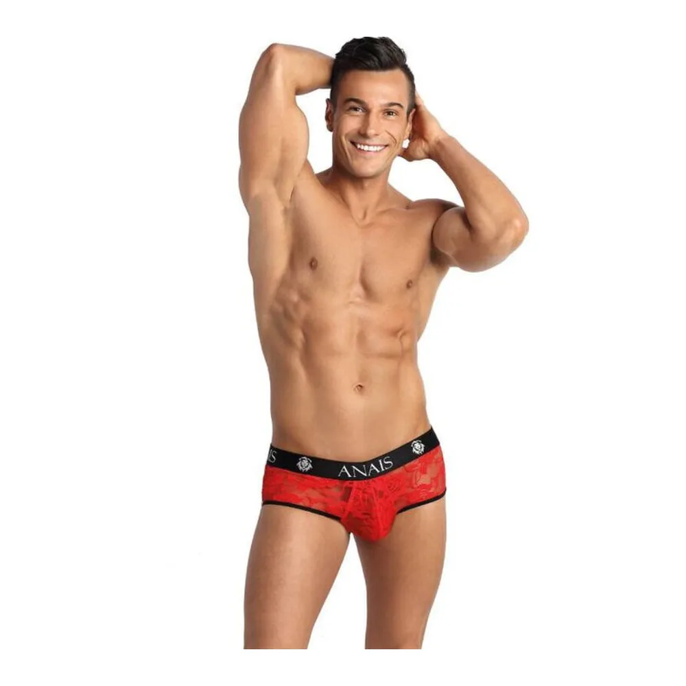 Slip de bikini en dentelle fleurie rouge avec ouverture arrière, ceinture noire marquée ANAIS, porté sur fond blanc