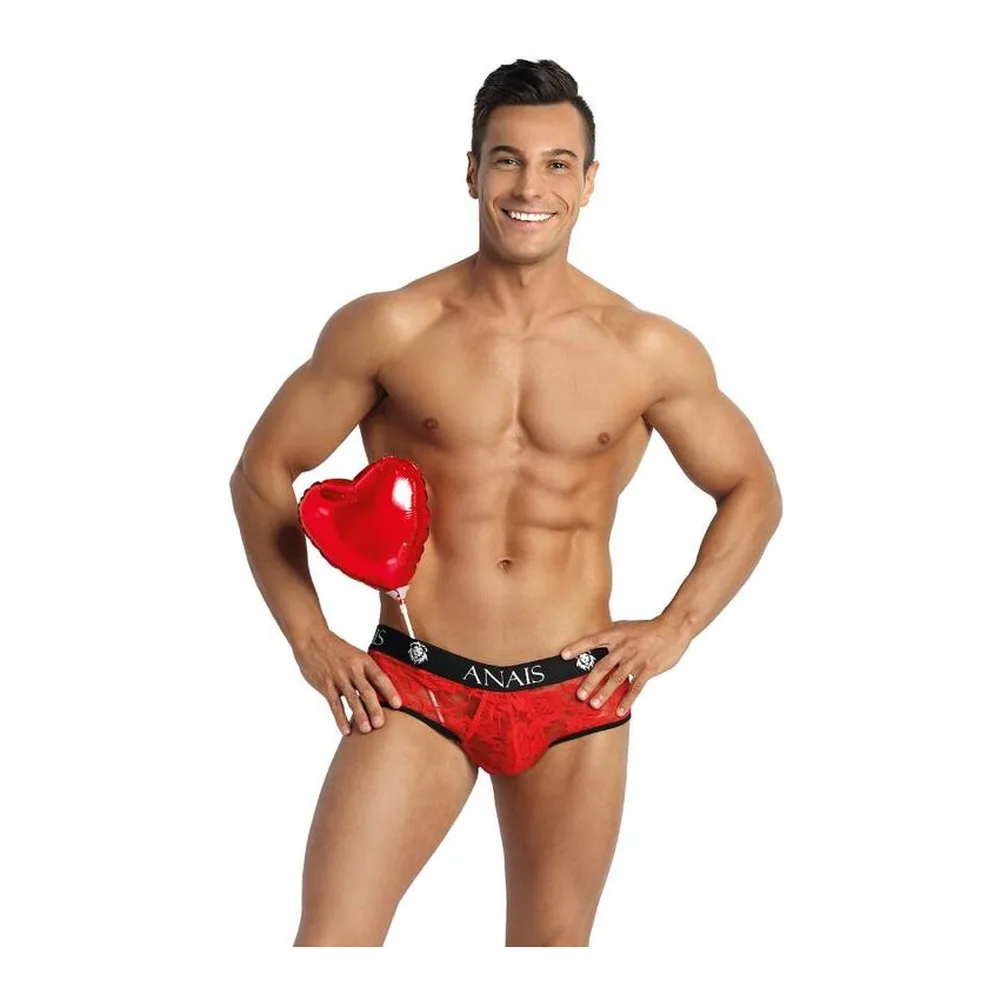 Slip de bikini en dentelle fleurie rouge avec ouverture arrière, ceinture noire marquée ANAIS, porté sur fond blanc