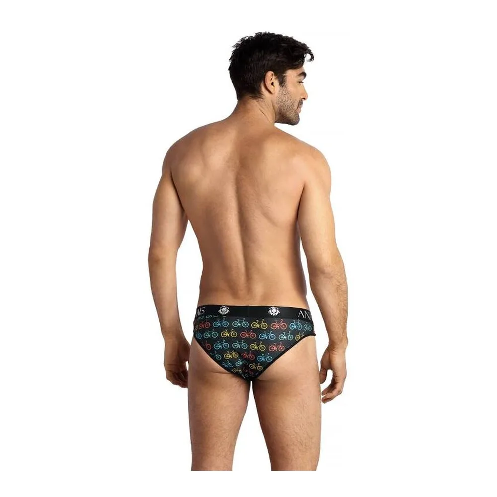 Slip Benito noir à imprimé vélos multicolores, porté par un homme sur fond blanc, bande élastique marquée du logo Anais