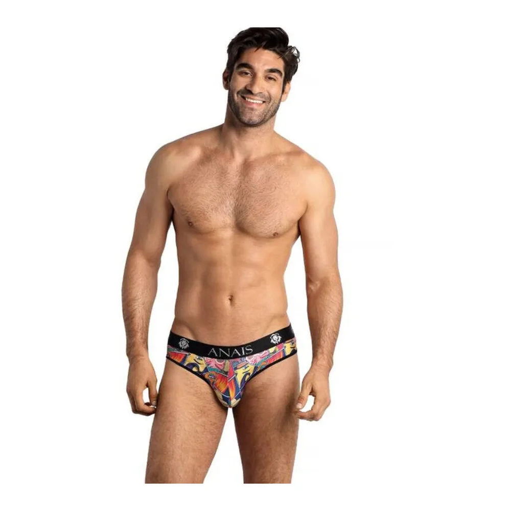 Slip homme noir et multicolore avec imprimé bande dessinée, taille élastiquée marquée ANAIS, porté de face sur modèle sur fond blanc