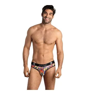 Slip homme noir et multicolore avec imprimé bande dessinée, taille élastiquée marquée ANAIS, porté de face sur modèle sur fond blanc