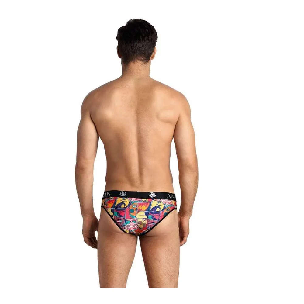 Slip homme noir et multicolore avec imprimé bande dessinée, taille élastiquée marquée ANAIS, porté de face sur modèle sur fond blanc