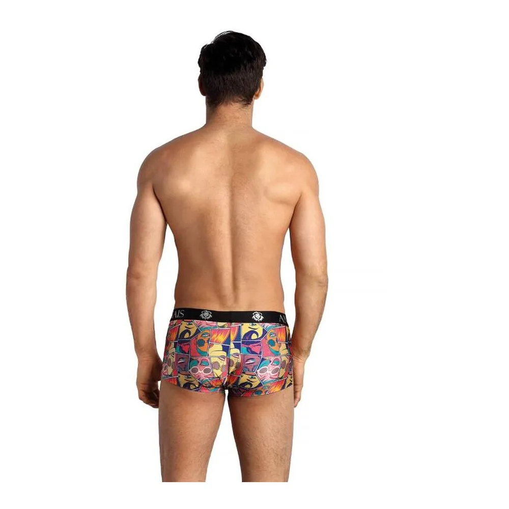 Boxer pour homme vue de dos, imprimé bande dessinée multicolore avec panneaux rouges, bleus et jaunes, ceinture noire à logo, coupe ajustée