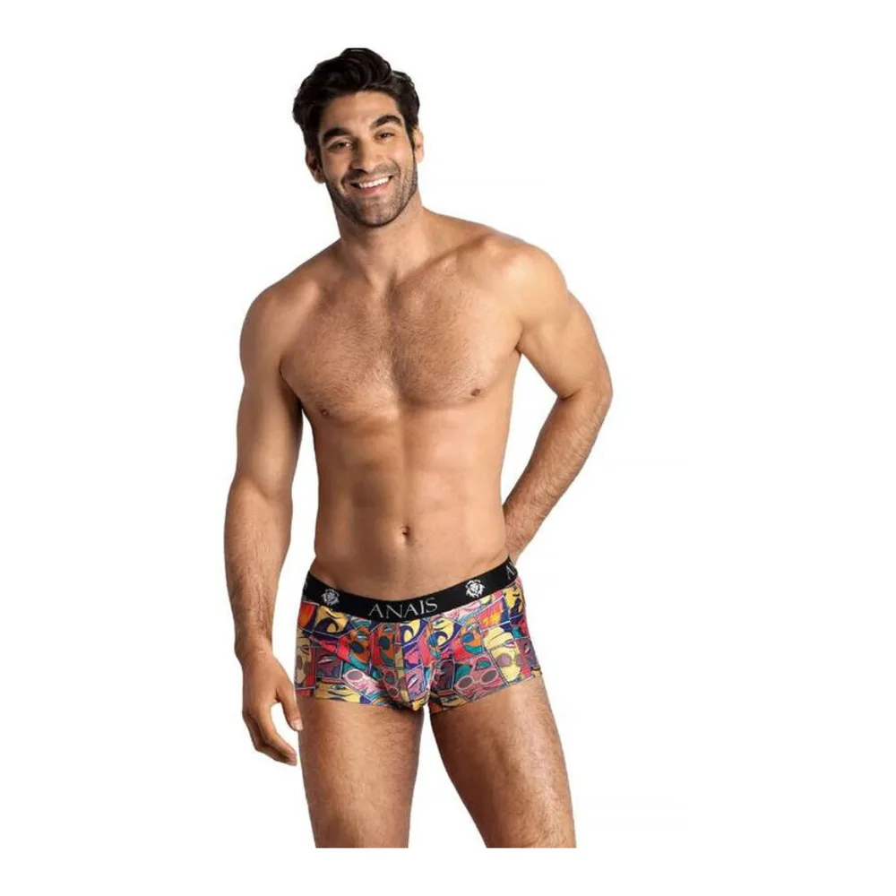 Boxer pour homme vue de dos, imprimé bande dessinée multicolore avec panneaux rouges, bleus et jaunes, ceinture noire à logo, coupe ajustée