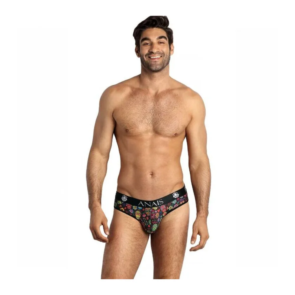 Slip noir avec motifs calaveras mexicaines multicolores, ceinture élastique marquée ANAIS, porté par un homme sur fond blanc