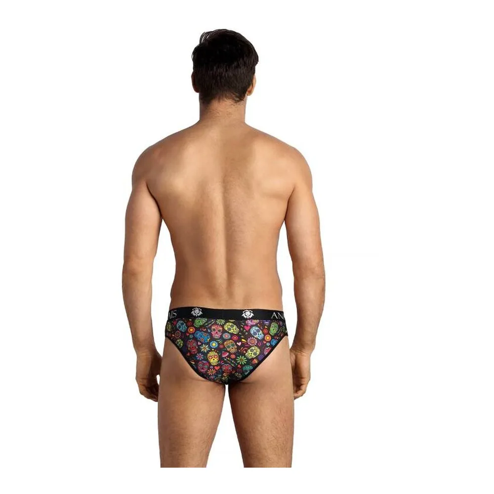 Slip noir avec motifs calaveras mexicaines multicolores, ceinture élastique marquée ANAIS, porté par un homme sur fond blanc
