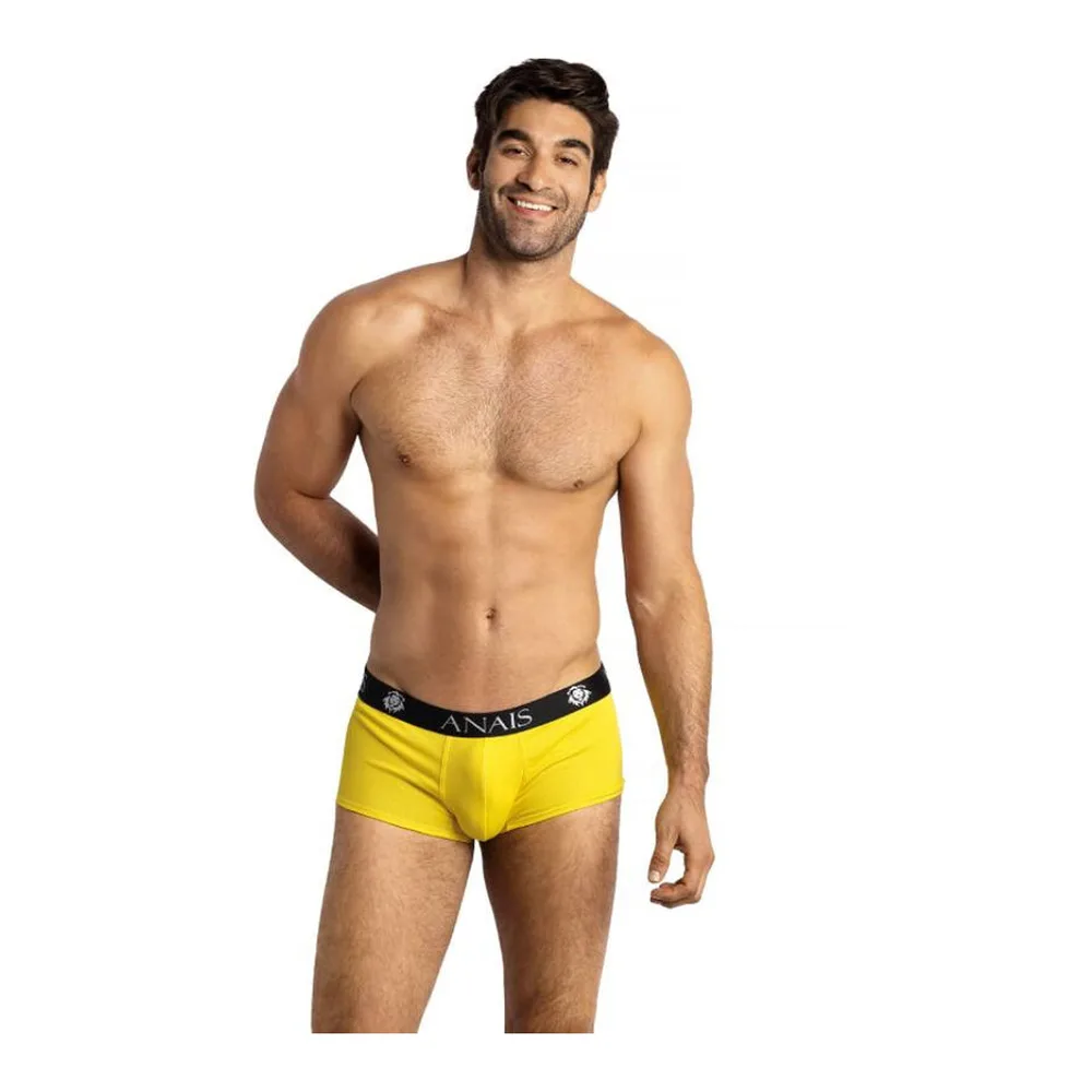 Boxer jaune vif avec bande élastique noire et logo ANAIS, porté par un homme de face sur fond blanc