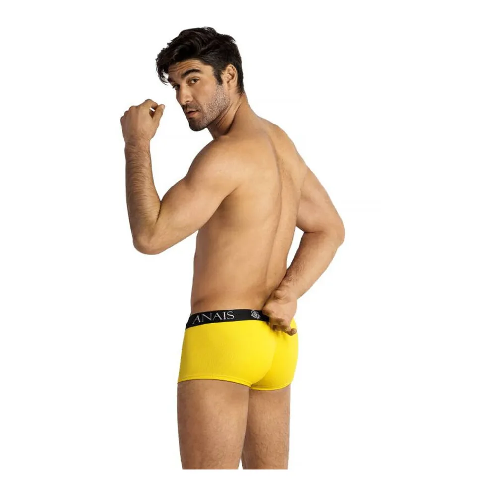 Boxer jaune vif avec bande élastique noire et logo ANAIS, porté par un homme de face sur fond blanc
