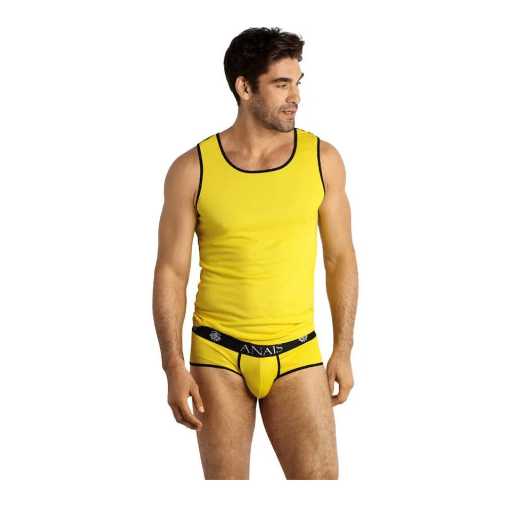 Débardeur jaune vif à bretelles larges et encadrement noir, coupe près du corps, porté avec un slip assorti sur fond blanc
