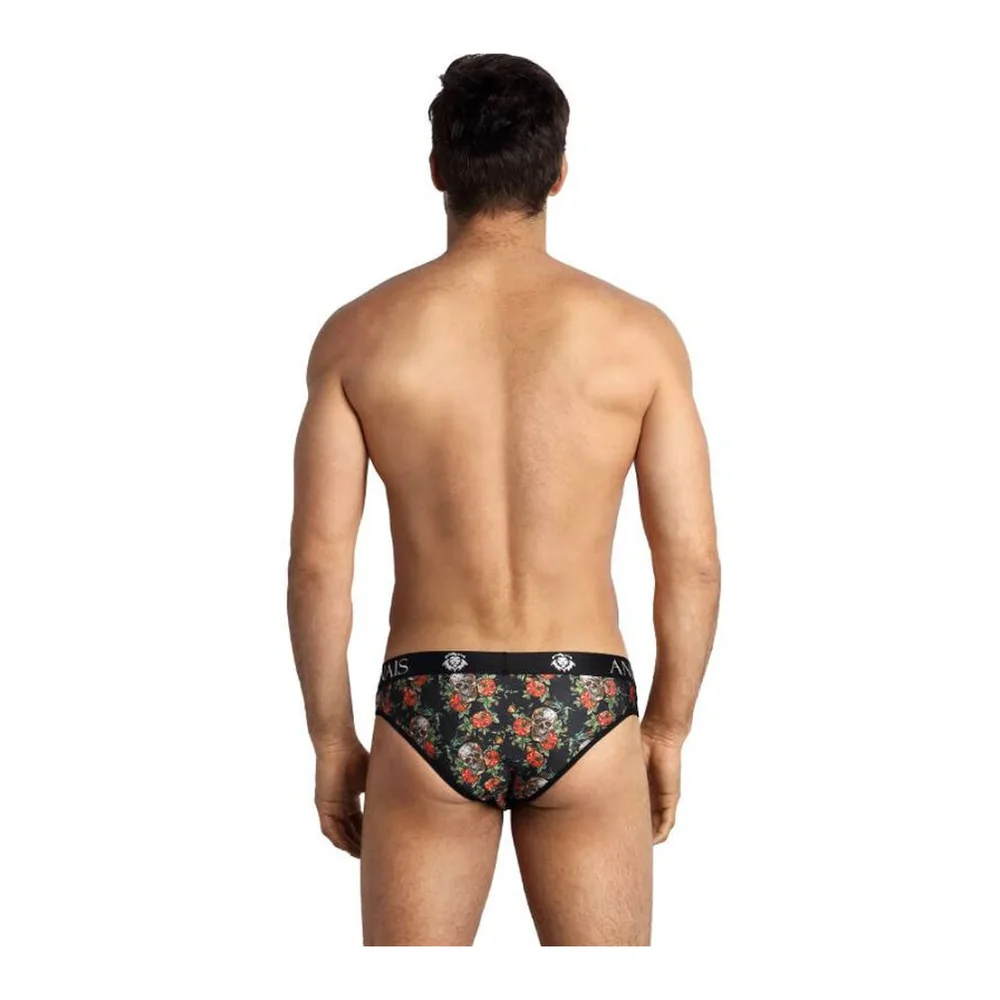 Slip homme noir avec motif floral crânes et roses rouges, marque Anaïs visible à la ceinture, porté par un homme sur fond blanc