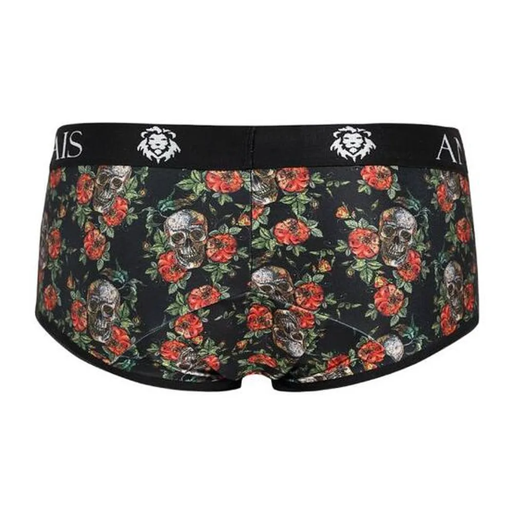 Boxer noir motif crânes blancs et roses rouges sur fond sombre, taille élastique avec logo, vue de face