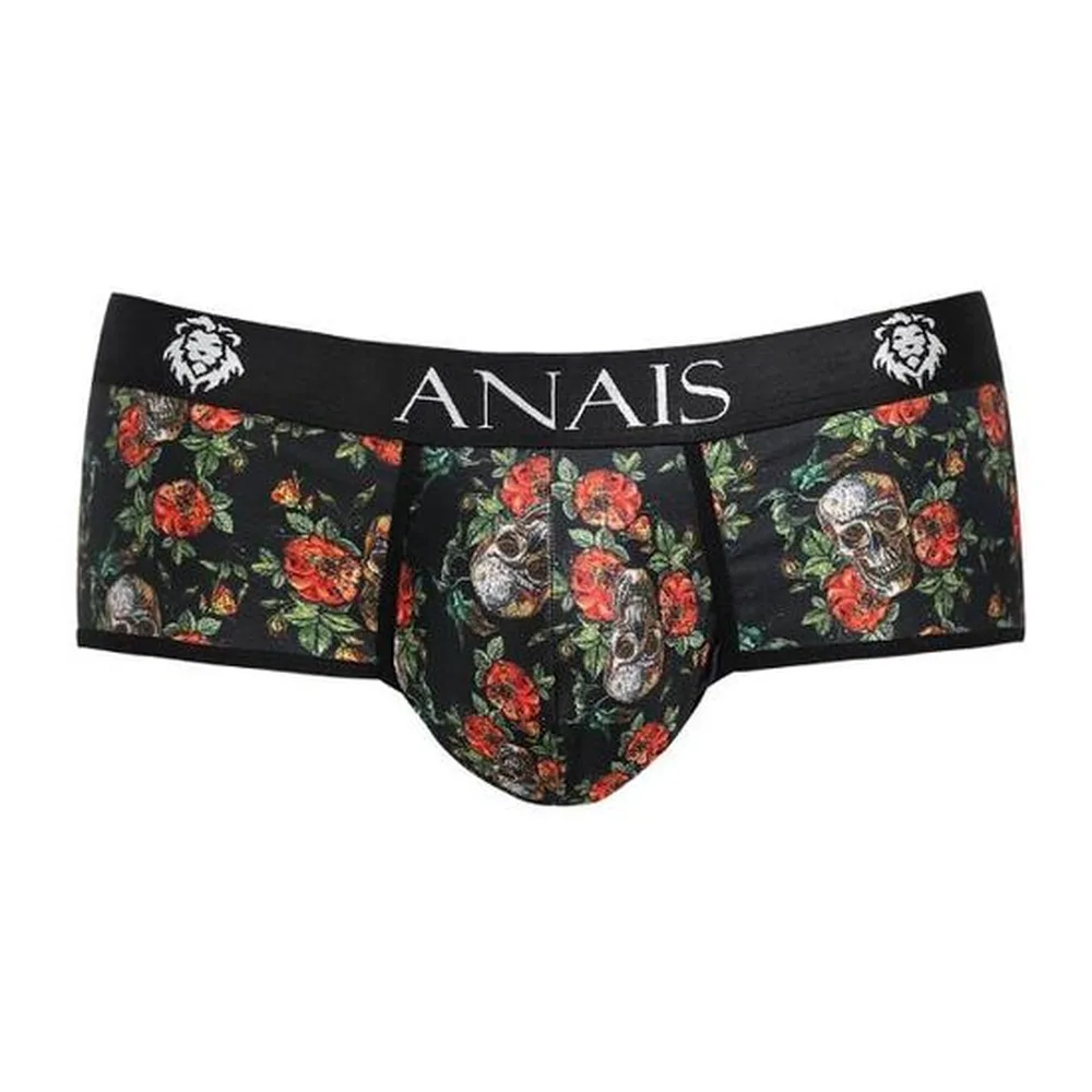 Boxer noir motif crânes blancs et roses rouges sur fond sombre, taille élastique avec logo, vue de face