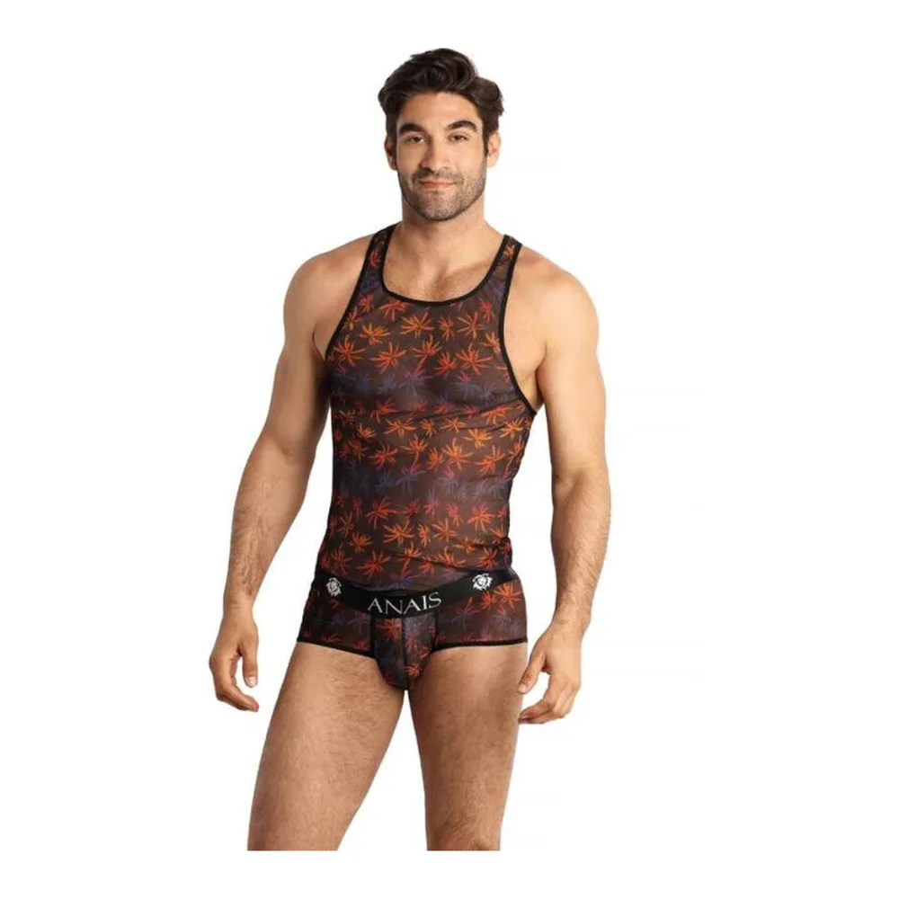 Débardeur homme en tulle noir à motif de palmiers oranges et rouges, coupe ajustée, bretelles fines, taille basse assortie, porté sur fond blanc