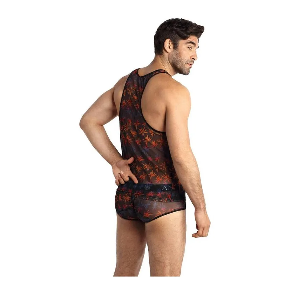 Débardeur homme en tulle noir à motif de palmiers oranges et rouges, coupe ajustée, bretelles fines, taille basse assortie, porté sur fond blanc