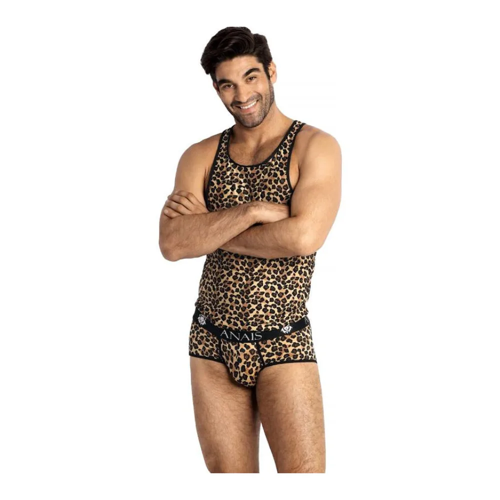 Homme portant un débardeur et un slip assorti en microfibre extensible, motif léopard beige et brun, bande élastique de marque visible