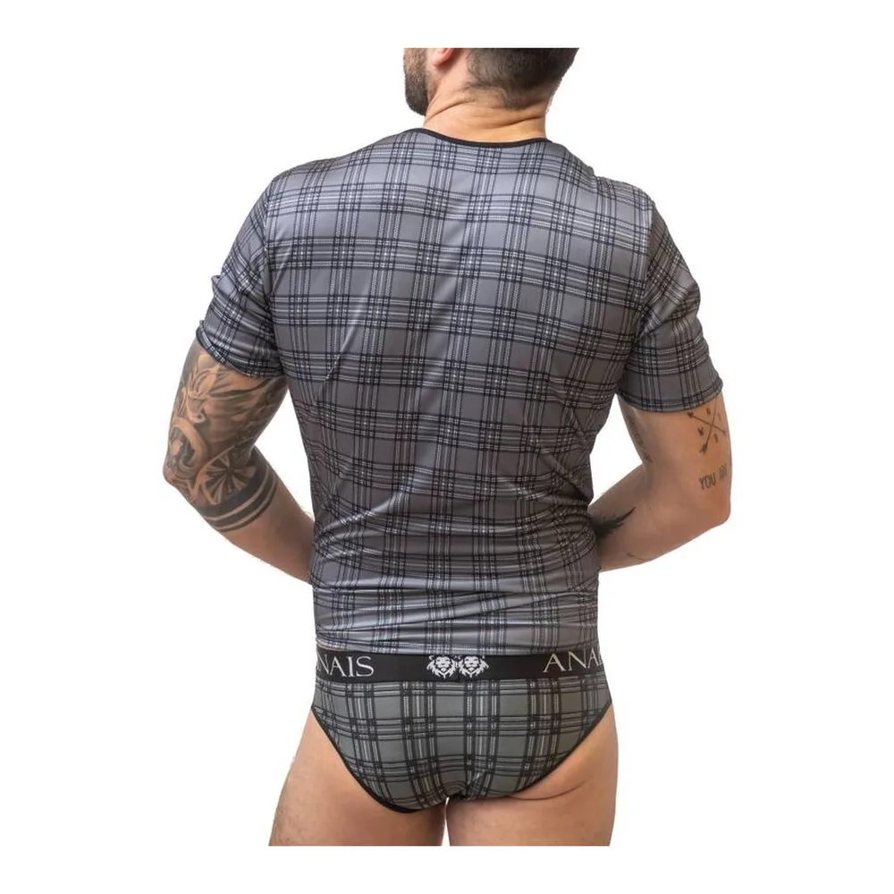 T-shirt gris à carreaux porté de dos, en microfibre extensible, col rond, manches courtes, bande élastiquée à la taille avec logo ANAÏS