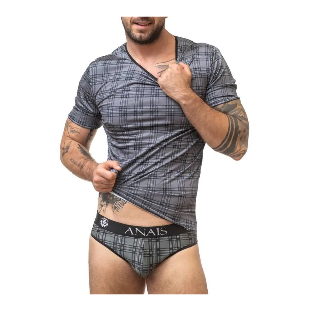 T-shirt gris à carreaux porté de dos, en microfibre extensible, col rond, manches courtes, bande élastiquée à la taille avec logo ANAÏS