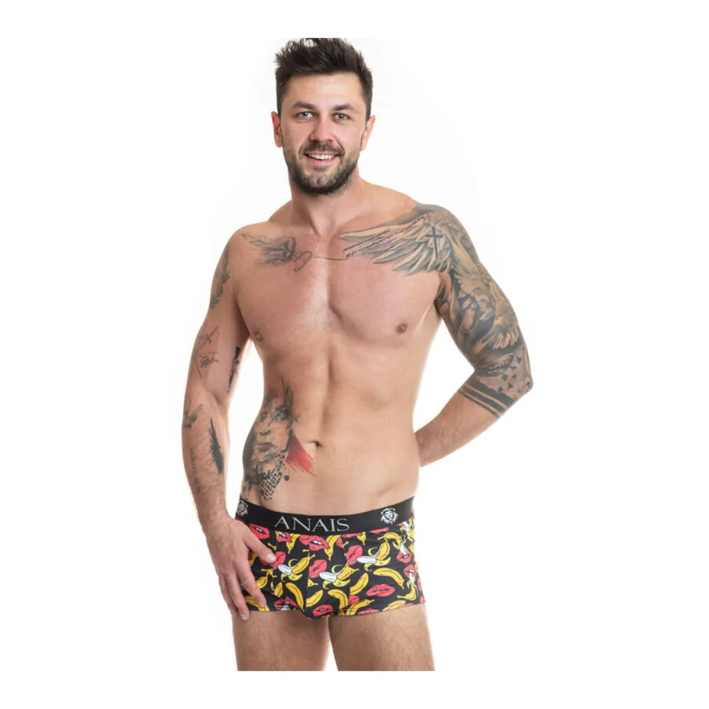 Homme portant un boxer à imprimé bananes et bouches jaunes et roses sur fond noir, ceinture élastique noire marquée ANAIS