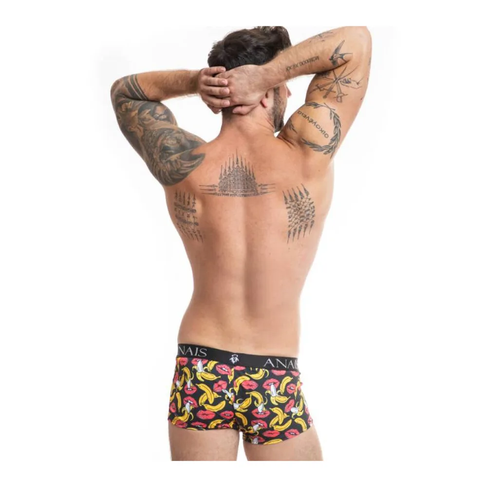 Homme portant un boxer à imprimé bananes et bouches jaunes et roses sur fond noir, ceinture élastique noire marquée ANAIS