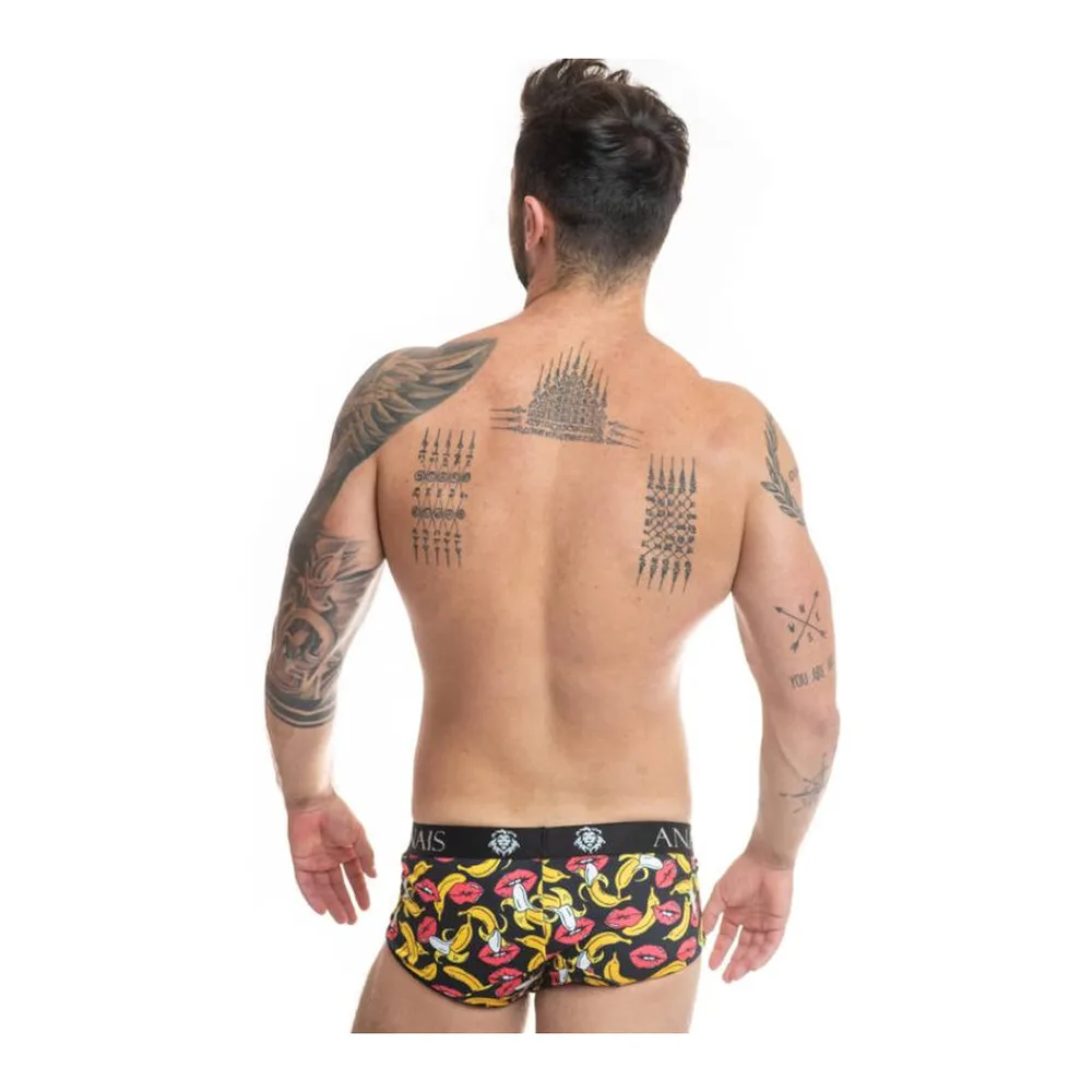 Slip boxer homme motif bananes jaunes et bouches rouges sur fond noir, ceinture élastique ANAIS, porté vue de face