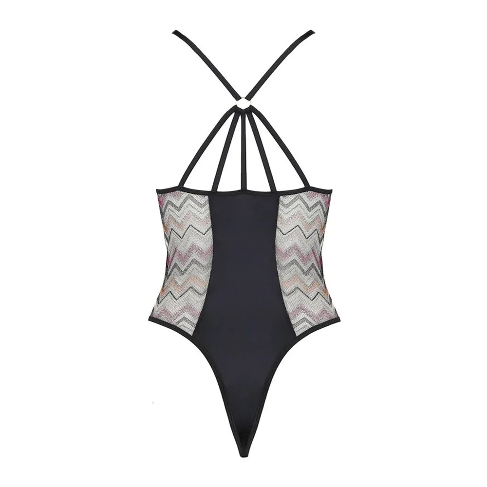 Teddy noir avec panneaux à motif géométrique sur les côtés et croisillon de brides ajustables au dos, vue de profil