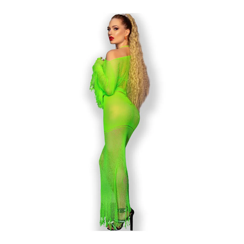 Ensemble trois pièces en maille fluo vert citron ajourée : haut court manches trois-quarts, string et jupe longue évasée avec finitions dentelle