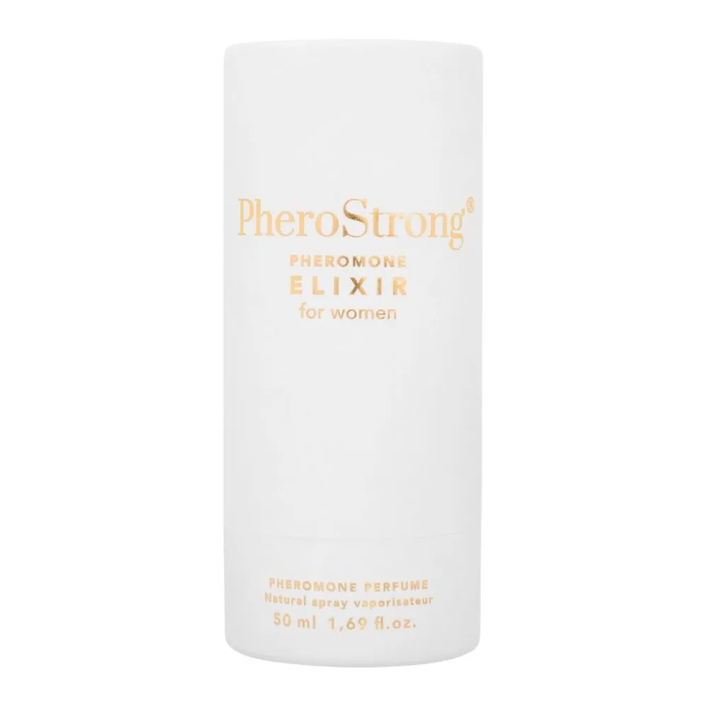 Flacon blanc opaque de 50 ml avec bouchon blanc et col doré, étiquette en lettres dorées "PheroStrong Pheromone Elixir for women", fond blanc