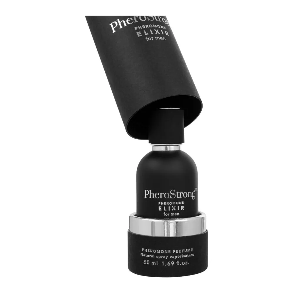 Flacon noir de 50 ml de parfum aux phéromones Elixir avec bouchon cylindrique gris, entouré de son étui de présentation noir, sur fond blanc