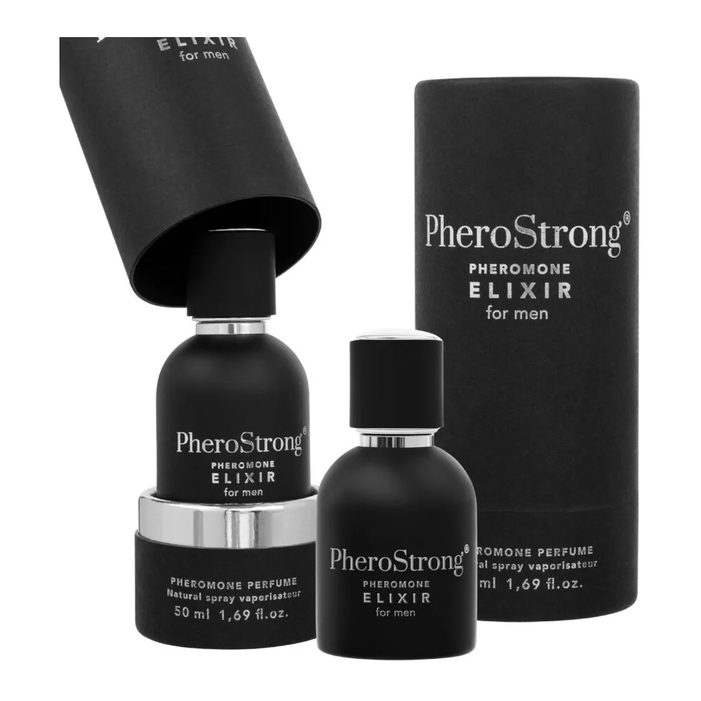 Flacon noir de 50 ml de parfum aux phéromones Elixir avec bouchon cylindrique gris, entouré de son étui de présentation noir, sur fond blanc