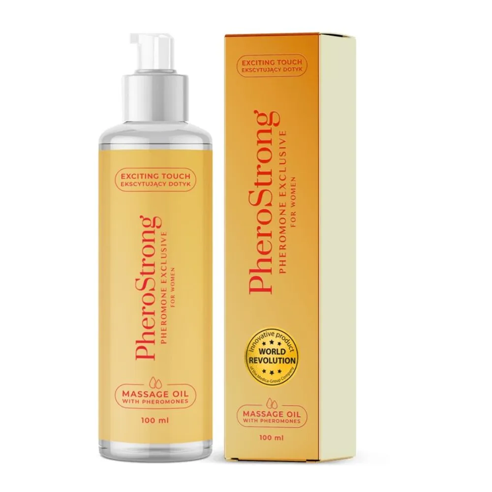 Flacon pulvérisateur d'huile de massage doré avec étiquette rouge et blanc, accompagné de son emballage beige et orange de 100 ml