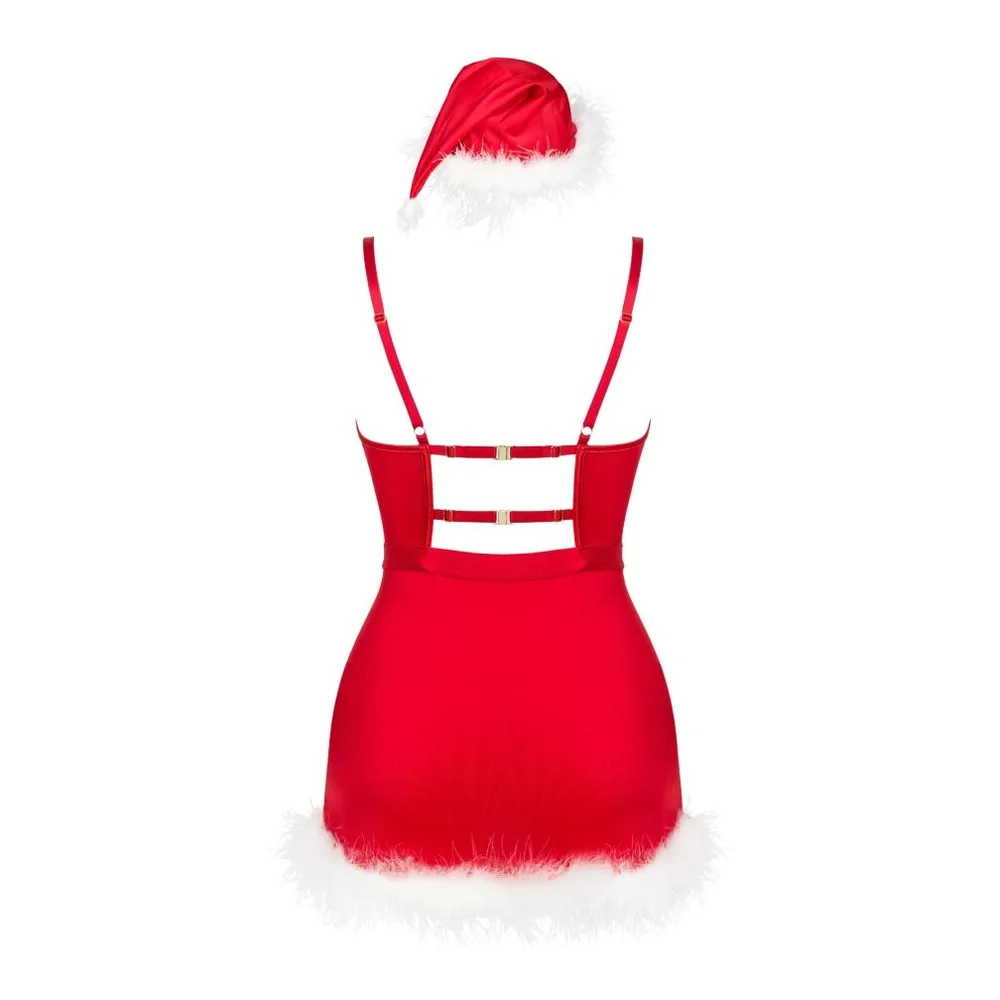 Femme portant un costume de fête rouge avec fourrure blanche, dentelle au dos, bonnet assorti et string inclus, tenant des sacs de shopping sur fond blanc