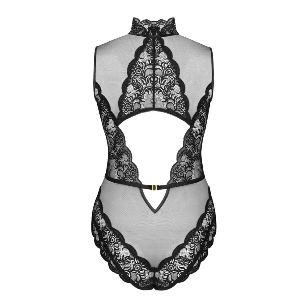 Body noir en dentelle florale avec col montant, découpe centrale et détails de dentelle ajourée sur les côtés, ceinture fine avec boucle dorée, vue de dos