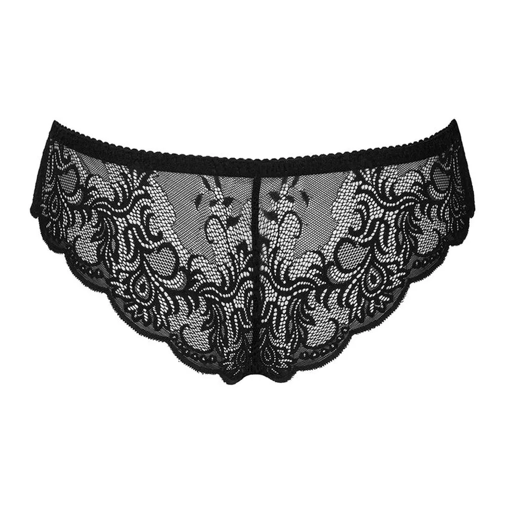 Culotte noire en dentelle translucide avec entrejambe ouvert, portée de dos sur fond blanc