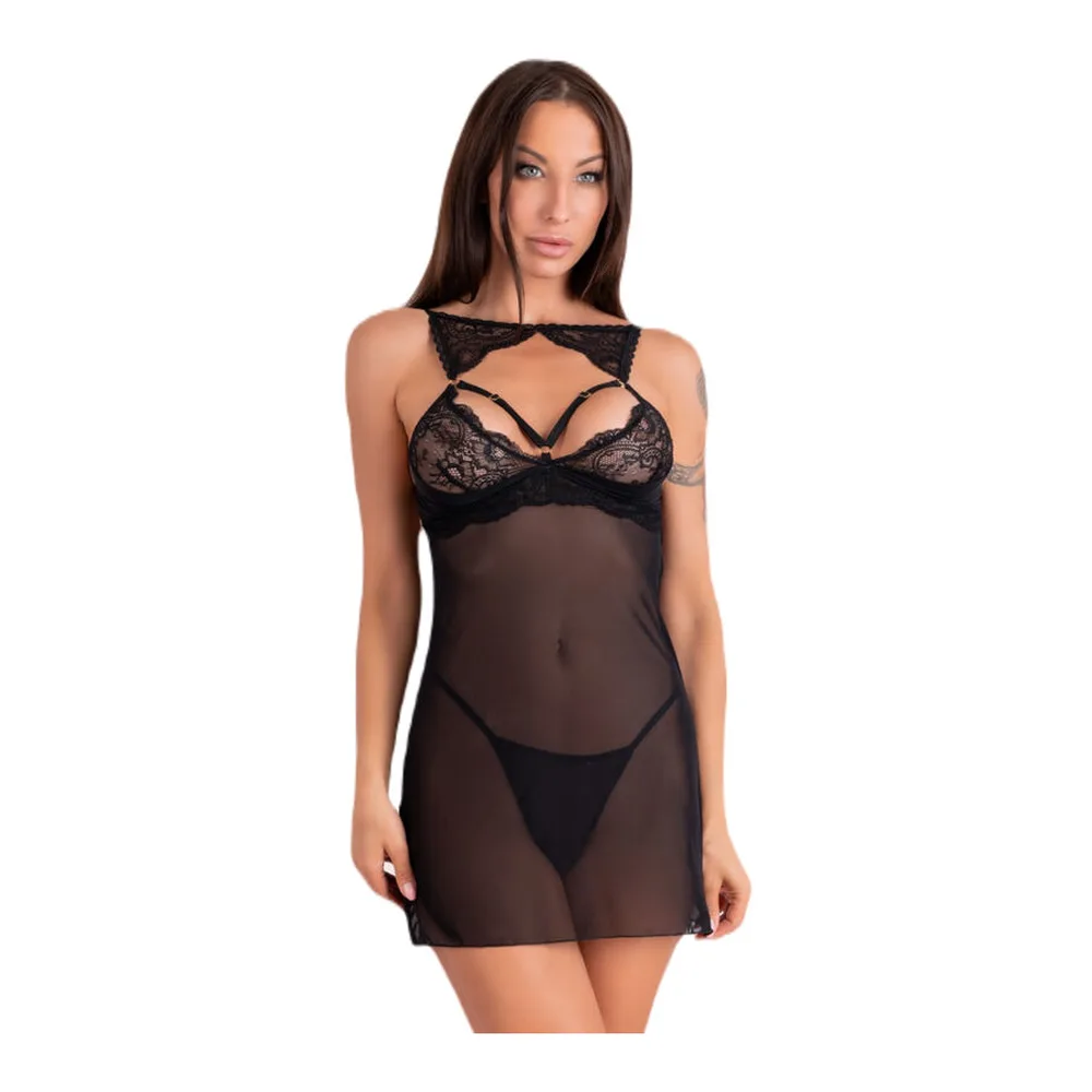Schéma de dimensions d'une chemise string Krolina en maille transparente noire avec bretelles réglables, montrant les vues de face et dos ainsi que les détails du string