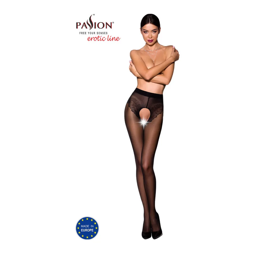Femme portant un collant noir 30 deniers ouvert à l'entrejambe, avec dentelle noire au niveau de la taille et de l'ouverture, sur fond blanc